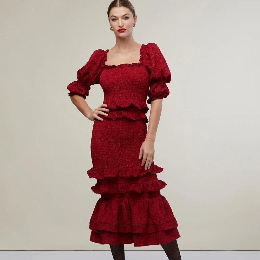 Rachel Parcell Jacquard Smocked Ruffle Tiered Dress Red Size Large